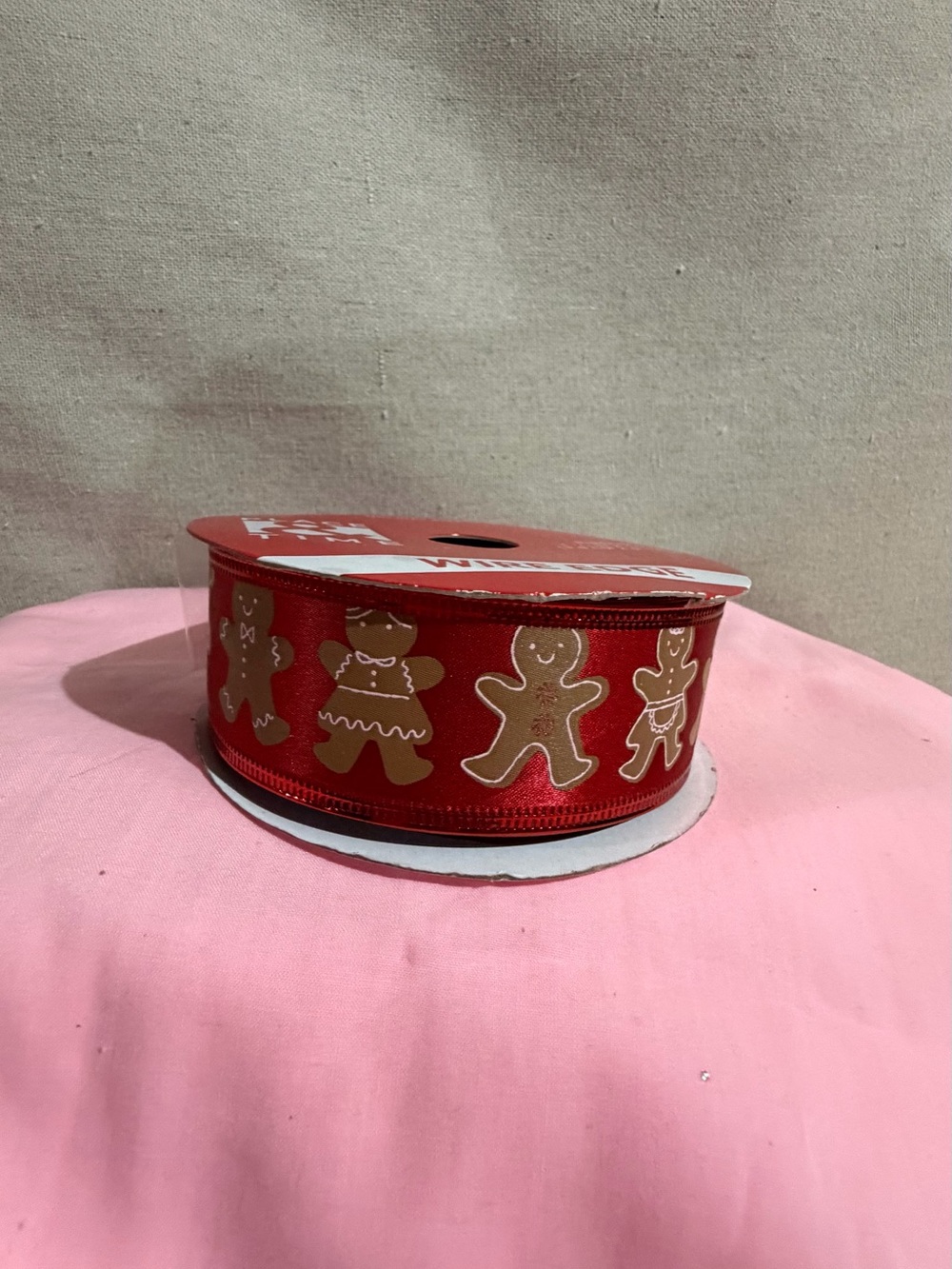 Christmas Holiday Red Gingerbread Pattern wired Ribbon -